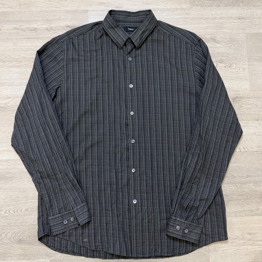Theory Long Sleeve Button Up Shirt Men's XL Irving Plaid Stripe Gray